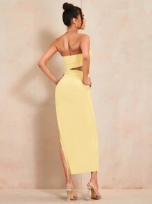 SHEIN BAE Women Solid Color Bandeau Side Cut-Out Ruched Slit Hem Fashion Dress - Yellow - View 2