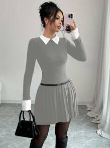 Elenzga 1 bucată rochie casual tricotată cu mâneci lungi, guler contrastat - Multicolor - Vizualizare 6