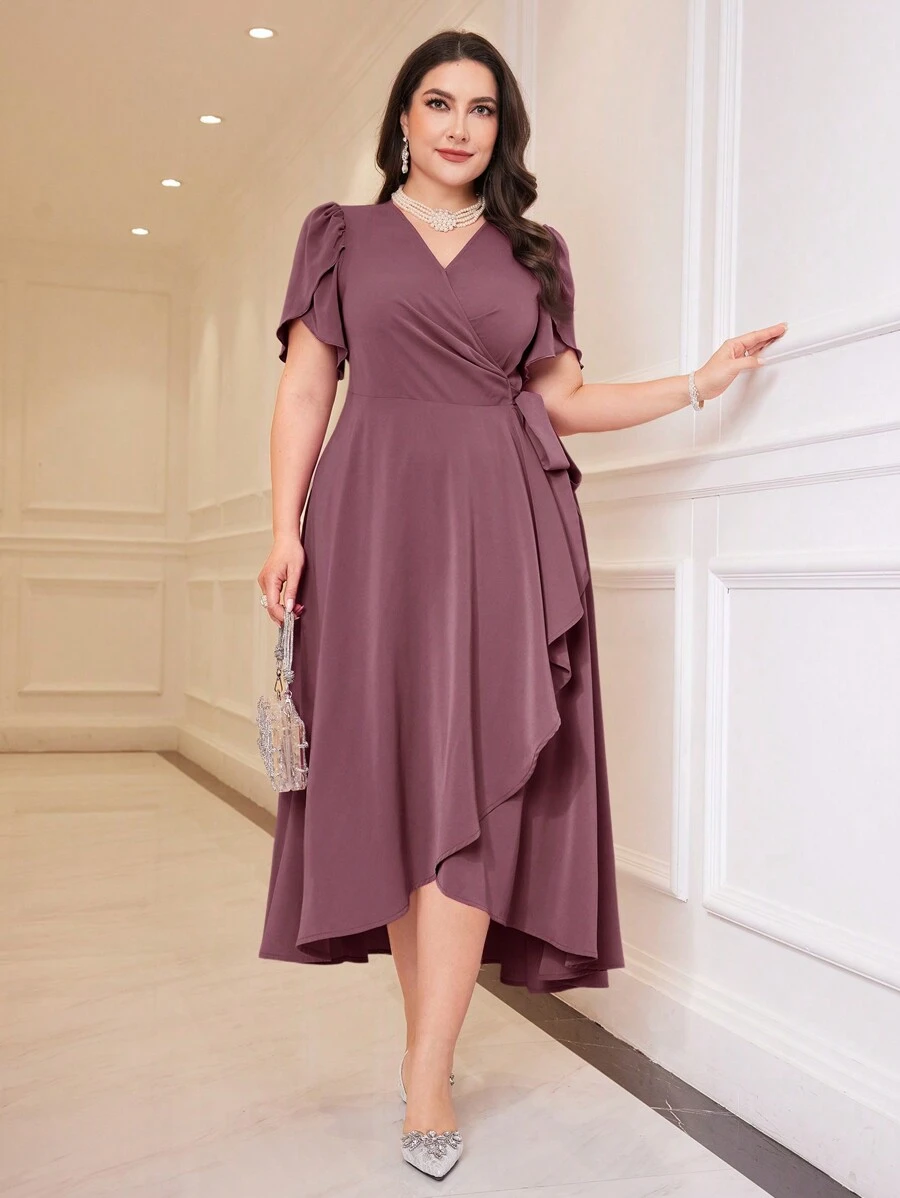 Modelyn Đầm tay ngắn họa tiết hoa cánh hoa quấn thắt nút màu trơn cỡ lớn cho nữ - Bụi hồng - Xem 1