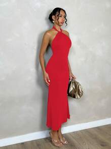 Glamine 红色扭纹露背简约性感露背紧身连衣裙，情人节装扮，花园派对装扮