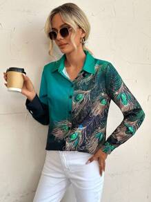 EMERY ROSE Feather Print Button Front Shirt Fall Cloth For Women