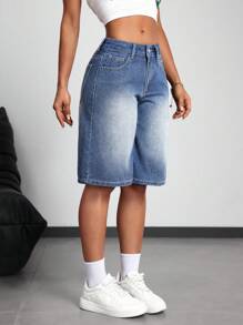 SHEIN PETITE 女士简约前扣口袋牛仔短裤，休闲日常穿着 - 藍色 - 查看 5