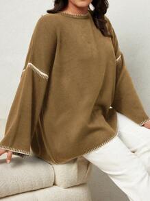 EURMUSE Plus Size Colorblock Trim Round Neck Long Sleeve Simple Casual Blouse - Camel - View 3