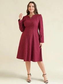 Joress Plus Size Leaf Texture Solid Color V-Neck Short Elegant Dress, Spring/Autumn Burgundy Maxi Women Outfit Fall Cloth For Women - Burgundy - View 4