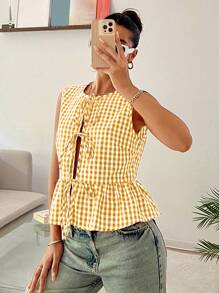Comfortcana Blusa de mujer sin mangas con estampado de cuadros y nudo delantero, para uso casual diario - Amarillo - Ver 6