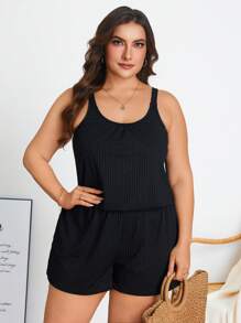 Swim Lushoire Plus Size Solid Color Spaghetti Strap Ruched Simplistic Casual Tankinis Summer