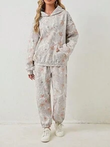 SHEIN EZwear Bộ 2 chiếc/bộ áo hoodie in họa tiết giản dị hở vai rộng rãi có túi Kangaroo và quần nỉ bo thun, mùa xuân/thu - Nhiều màu - Xem 4