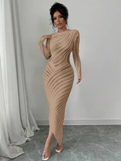 Rafferiza Sukienka damska z okrągłym dekoltem i długim rękawem, dopasowana do ciała