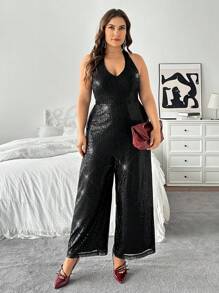 SHEIN Privé Sequin Halter Jumpsuit With Wide Leg, Black, Plus Size, Perfect For Valentine's Day Party, New Year's Party, Dinner, Important Occasions, New Arrival