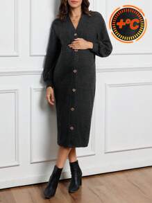 SHEIN Vestido de embarazo con hombros caídos, mangas abultadas, escote en V y decoración de botones en la parte delantera abierta, para otoño