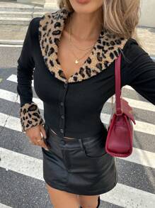 SHEIN Frenchy T-shirt décontracté sexy col V imprimé léopard grande taille pour femmes