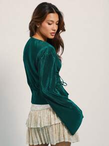 WESTFADE Summer Pleated Satin V Neck Bow Tie Front Long Sleeve Peplum Top Spring Break Vacation Music Festival