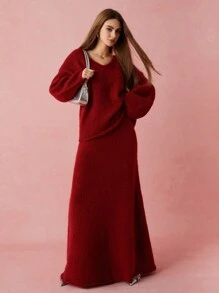 Enchnt 1 件纯色毛衣裙，简约，时尚，休闲，日常穿着 - 酒紅色 - 查看 5