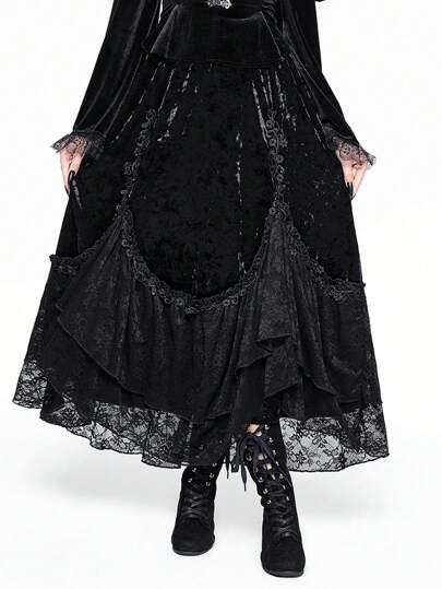 Goth Black Solid Color Luxury Velvet & Contrast Lace Layered Solid Color Women Skirt