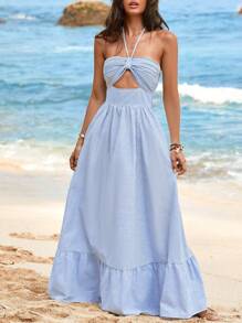 SHEIN VCAY Sleeveless Backless Dress For Women - Blue and White - View 3