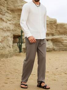 Genlund Pantalon droit en lin à poche de ceinture de couleur unie pour hommes - Gris foncé - Voir 3