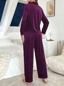 Conjunto de pijama de mujer de terciopelo suave y esponjoso con decoración de lazo, ropa de otoño e invierno, acogedor - Morado - Ver 2