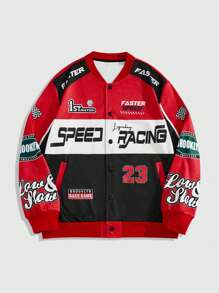 ROMWE MEN Prep Color Block Letter & Graphic Print Front Button Baseball Collar Casual Long Sleeve Jacket - Multicolor - View 3