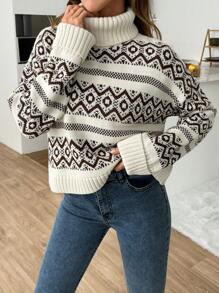 EURMUSE Oversized Turtleneck Fair Isle Pattern Winter Sweater - Beige - View 5
