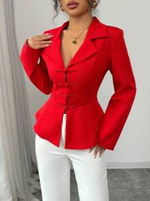 Elenzga Red Mandarin Collar Long Sleeve Shirt With Button Closure - Red - View 3