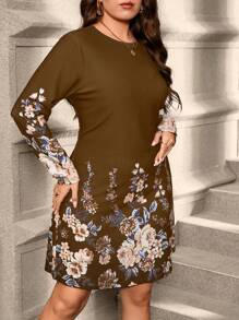 SHEIN Clasi 大码花卉印花简约圆领长袖短裙