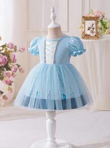 Glamorique Kids Baby Girl Princess Print Knitted Mesh Dress, Suitable For Stage Performance, Daily Wear - Blue - View 1