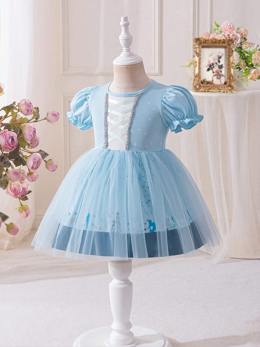 Glamorique Kids Baby Girl Princess Print Knitted Mesh Dress, Suitable For Stage Performance, Daily Wear - Blue - View 1