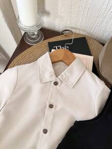 SHEIN 2 件套年轻男孩纯色前扣短袖上衣和无袖背心，极简主义 - 彩色 - 查看 3