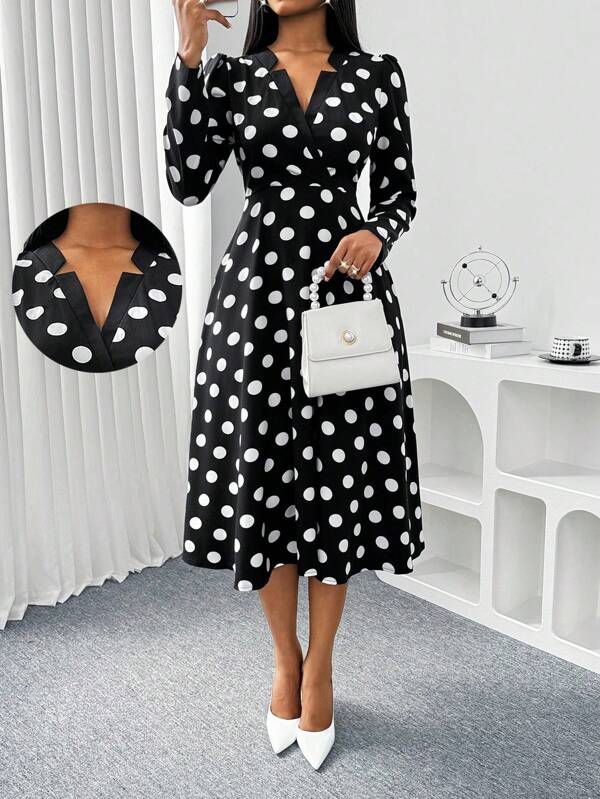 Lyxana Elegant Polka Dot V-Neck Cinched Waist Flared Hem Women Daily Wear A-Line Dress, Black & White Maxi Women Outfit