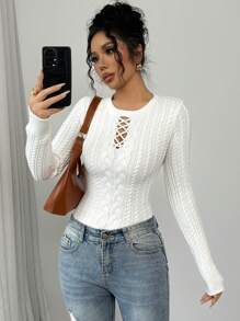 Elenzga Women's Retro Design Waist Slimming Fitted Pullover Sweater, Suitable For Layering In Autumn/Winter Knit Pullover Fall Sweater - Beige - View 5