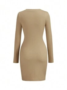 INAWLY Women's Fitted Button Crew Neck Split Long Sleeve Dress