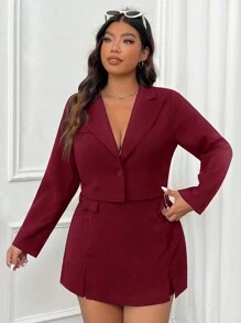 CovetEZ Plus Size Single Button Short Blazer Jacket And High Slit Hemline Mini Skirt Set - Burgundy - View 4