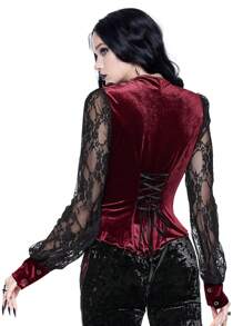 ROMWE Goth 复古浪漫哥特式宫廷风蕾丝拼布天鹅绒女式衬衫