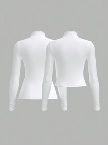 SHEIN BASICS 2pcs Set Plain Knit Stand Collar Long Sleeve Fitted Women T-Shirts