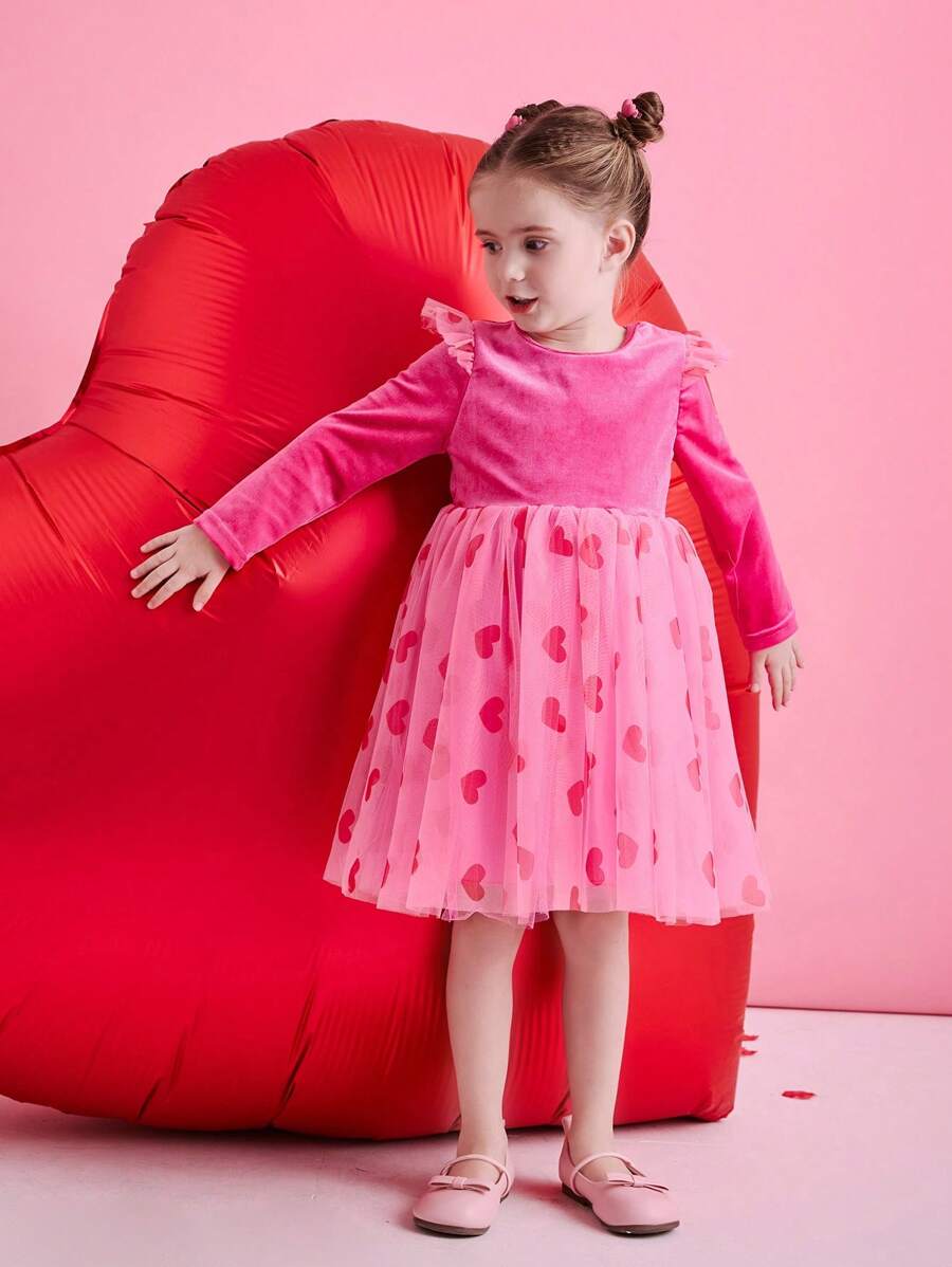 Christmas Young Girl Dress, Party Wear, Santa Dress, New Year Dress, Girls Velvet Heart Print Tulle Long Sleeve Dress, Holiday Party, European And American Style - Pink - View 1