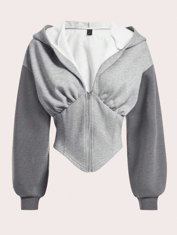 SHEIN EZwear Hanocă cu capota cu fermoar cu umăr în bloc de culoare, topuri cu mâneci lungi