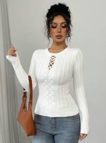 Elenzga Women's Retro Design Waist Slimming Fitted Pullover Sweater, Suitable For Layering In Autumn/Winter Knit Pullover Fall Sweater - Beige - View 6