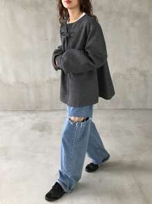 FRIFUL Chaqueta con volantes, empalmes y lazo para mujer, otoño e invierno - Gris Oscuro - Ver 2