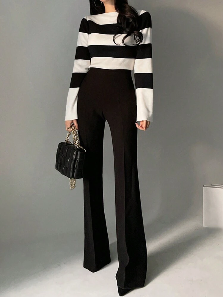 Women's Striped Boat Neck Flare Sleeve Fitted Sweater, White, Spring/Autumn,Fall Women Clothes