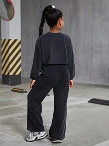 SHEIN Leap Crew Tween Girl Mom And Me Fuzzy Knit Crew Neck Loose Fit Sporty Set - Dark Grey - View 2