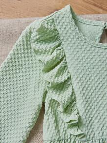 SHEIN Young Girl Solid Color Round Neck Ruffle Long Sleeve Cute Casual Dress