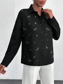 RueChic Dragonfly Pattern Stone Detailed Black Blouse - Black - View 5