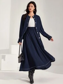 Heiryn Women's Casual Long Sleeve Shirt And Skirt Set - Blue - View 3