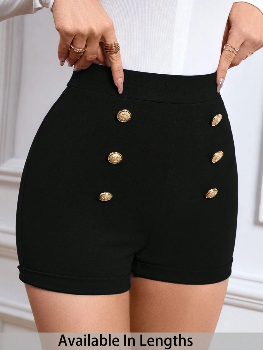 SHEIN PETITE CURVE 大码纯色高腰纽扣细节短裤 - 黑色 - 查看 1