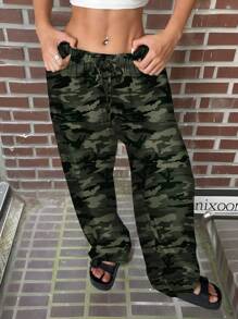 SHEIN EZwear Plus Size Casual Camouflage Print Drawstring Straight Leg Pants, Spring & Autumn - Multicolor - View 5