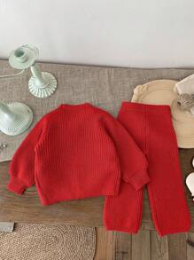 SHEIN LMoss Kids LMoss Baby Girl 2pcs Set: Cardigan And Wide Leg Pants, Lantern Sleeve Sweater Outfit, Suitable For Outdoor, Shopping, Party And Other Occasions, Autumn/Winter - Red - View 2