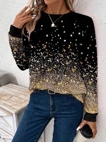 SHEIN LUNE 休闲简约闪亮图案宽松圆领长袖女式T恤，适合秋冬跨年 - 彩色 - 查看 5