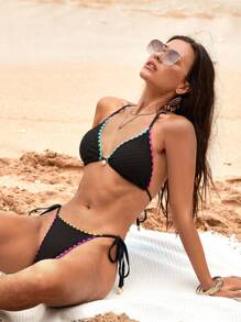 SHEIN VCAY Women's Contrast Trim Halter Neck Tie Back Bikini Top And Bottom Swimwear Set For Summer Beach Vacation - Black - View 6