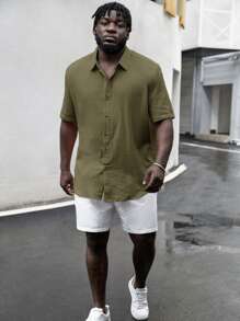 Manfinity RebelGame Plus Size Casual Woven Short Sleeve Shirt - Army Green - View 7