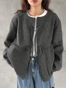 FRIFUL Chaqueta con volantes, empalmes y lazo para mujer, otoño e invierno - Gris Oscuro - Ver 4